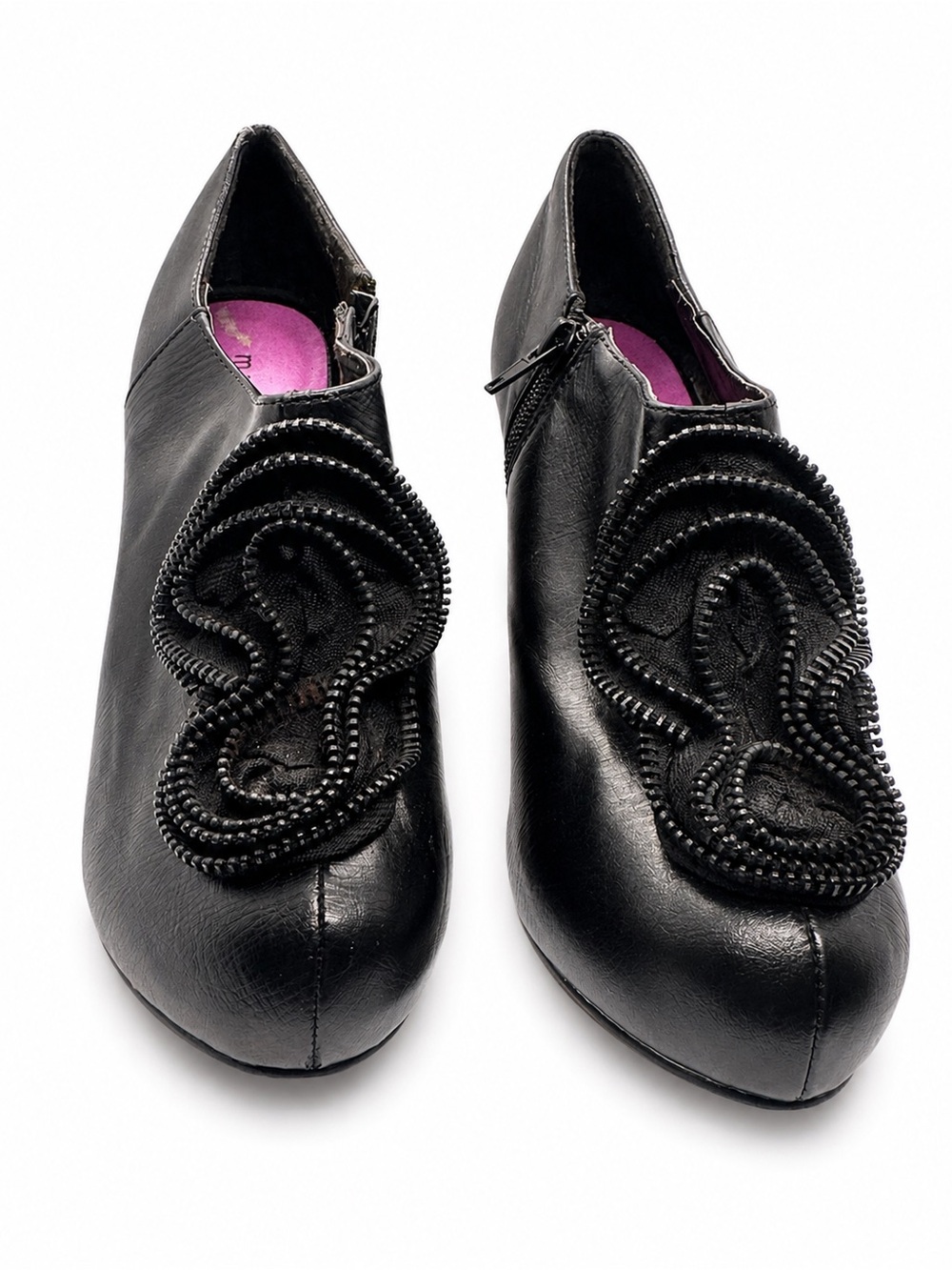 Edgy Madden Girl Black Faux Leather Zipper Flower Heels size 7